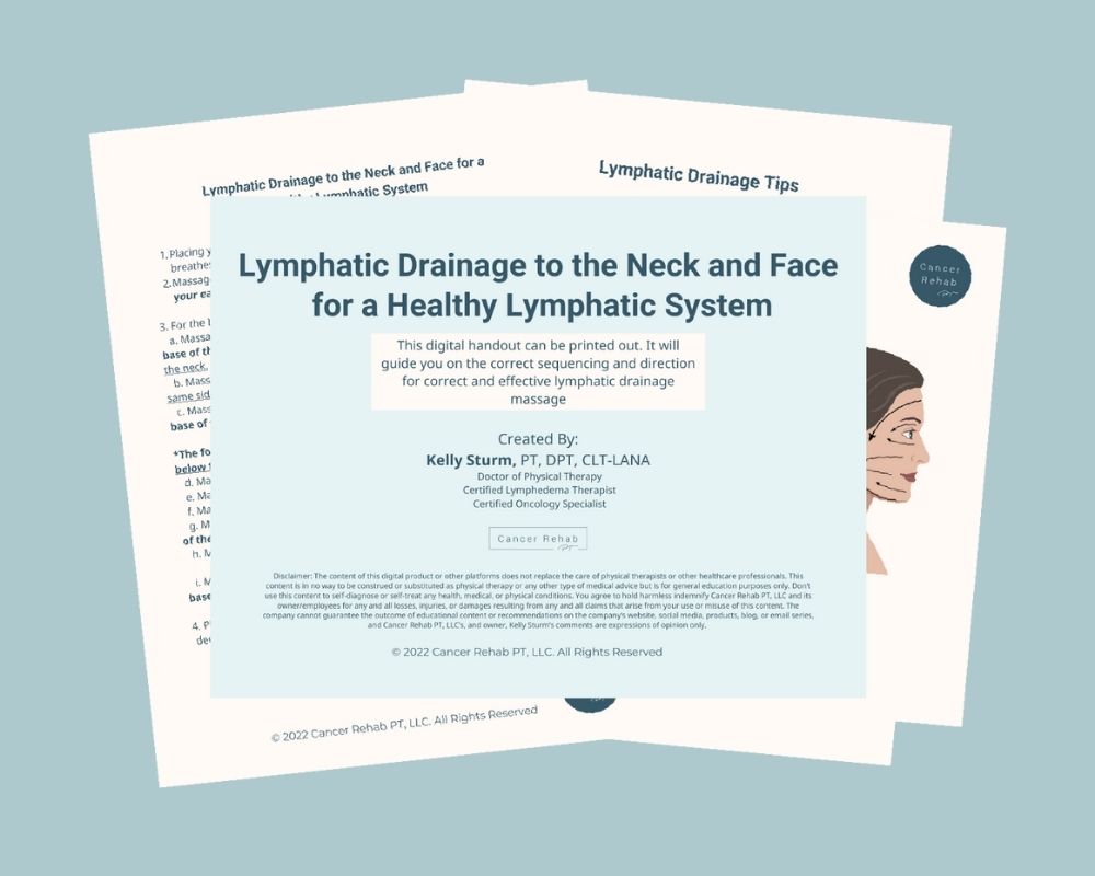 A digital handout titled Lymphatic Drainage to the Neck and Face for a Healthy Lymphatic System by Kelly Sturm is displayed, with illustrations and text in the background about lymphatic drainage techniques.