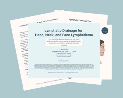Three overlapping pages of a digital handbook titled Lymphatic Drainage for Head, Neck, and Face Lymphedema with instructions and an illustrated profile of a woman’s head on one page.