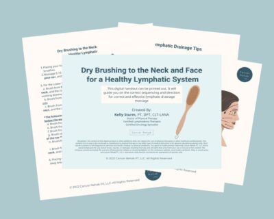A digital handout titled Dry Brushing to the Neck and Face for a Healthy Lymphatic System, with an image of a brush, author credit, and partially visible instruction sheets in the background.