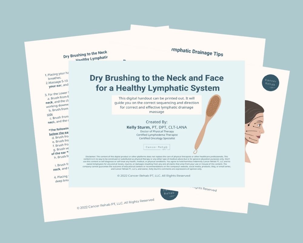 A digital handout titled Dry Brushing to the Neck and Face for a Healthy Lymphatic System, with an image of a brush, author credit, and partially visible instruction sheets in the background.