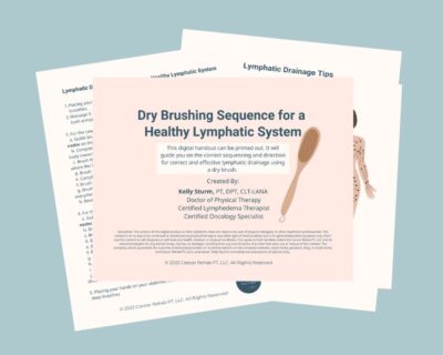 A printed handout titled Dry Brushing Sequence for a Healthy Lymphatic System with a wooden brush illustration, stacked on top of two partially visible sheets on lymphatic drainage tips and sequence instructions.