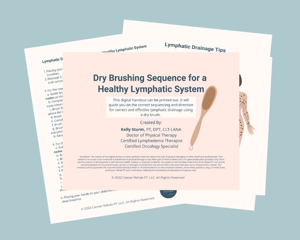 A printed handout titled Dry Brushing Sequence for a Healthy Lymphatic System with a wooden brush illustration, stacked on top of two partially visible sheets on lymphatic drainage tips and sequence instructions.