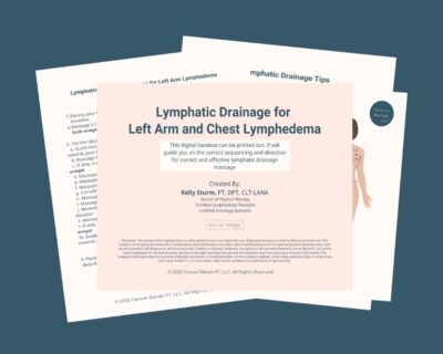 A set of handouts titled Lymphatic Drainage for Left Arm and Chest Lymphedema with tips and instructions for lymphatic drainage massage, created by a certified oncology specialist.
