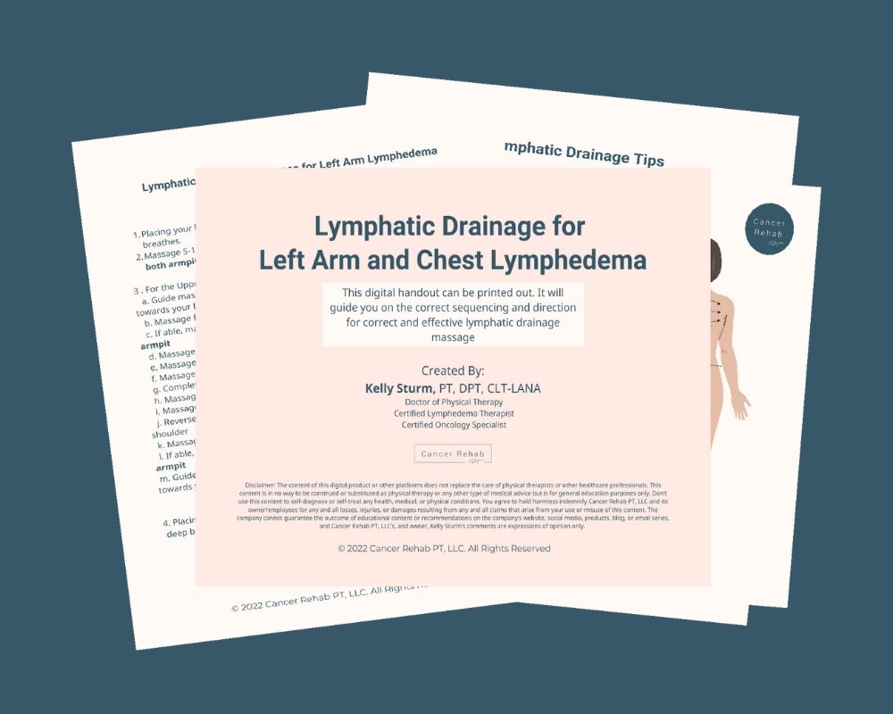 A set of handouts titled Lymphatic Drainage for Left Arm and Chest Lymphedema with tips and instructions for lymphatic drainage massage, created by a certified oncology specialist.