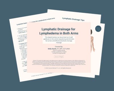 A set of handouts about lymphatic drainage for lymphedema in both arms, with tips, instructions, and an illustrated human body diagram visible in the background. The main handout credits Kelly Sturm, PT.
