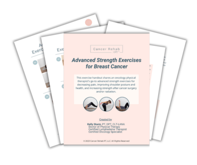 A cover image of a booklet titled Advanced Strength Exercises for Breast Cancer Recovery by Kelly Sturm. The background showcases overlapping pages adorned with illustrations of exercise poses.
