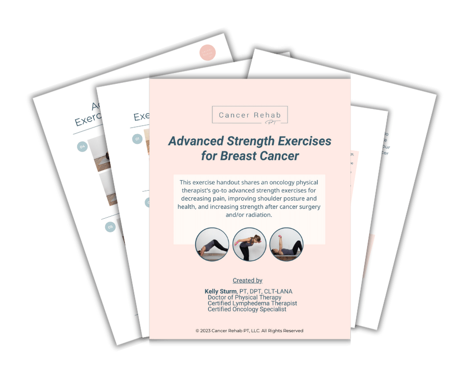 A cover image of a booklet titled Advanced Strength Exercises for Breast Cancer Recovery by Kelly Sturm. The background showcases overlapping pages adorned with illustrations of exercise poses.
