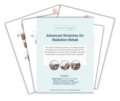 Cover of a document titled Advanced Stretches for Radiation Rehab by Cancer Rehab PT, highlighting breast cancer stretches after radiation therapy. It includes a list of credentials, an image of stretches, and is created by Kelly Sturm, a certified therapist specializing in oncology and lymphedema.