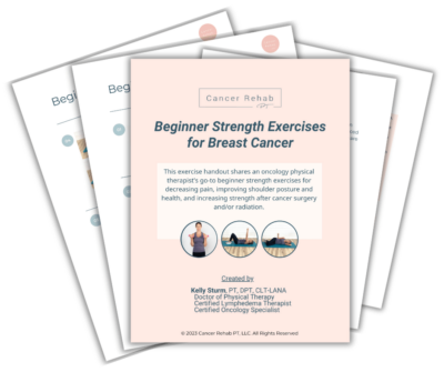 A digital booklet titled Beginner Strength Exercises for Breast Cancer by Kelly Sturm, PT, focuses on beginner exercises for breast cancer recovery. It highlights exercises for pain reduction, posture, and strength post-surgery or radiation. The booklet is part of the Cancer Rehab PT series.