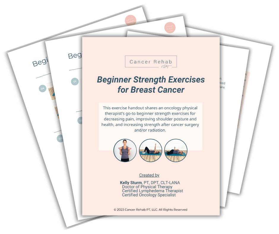 A digital booklet titled Beginner Strength Exercises for Breast Cancer by Kelly Sturm, PT, focuses on beginner exercises for breast cancer recovery. It highlights exercises for pain reduction, posture, and strength post-surgery or radiation. The booklet is part of the Cancer Rehab PT series.
