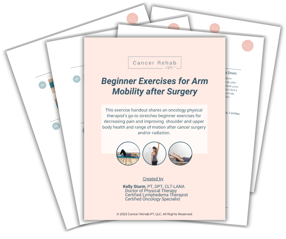 Booklet covers titled Beginner Exercises for Arm Mobility after Surgery. Includes text about oncology physical therapy, arm mobility, and creator details: Kelly Sturm, PT, DPT, CLT-LANA. Perfect for those starting with beginner stretches for breast cancer recovery. Features small images of a woman exercising.