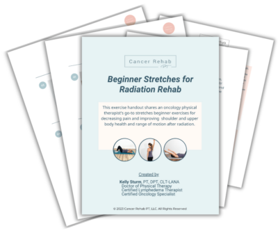 Image of a document titled Beginner Stretches for Radiation Rehab. Designed by Kelly Sturm, a certified oncology physical therapist, it offers exercise instructions to enhance shoulder and upper body health and mobility, with a focus on breast cancer stretches after radiation therapy.