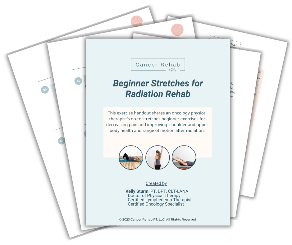 Image of a document titled Beginner Stretches for Radiation Rehab. Designed by Kelly Sturm, a certified oncology physical therapist, it offers exercise instructions to enhance shoulder and upper body health and mobility, with a focus on breast cancer stretches after radiation therapy.