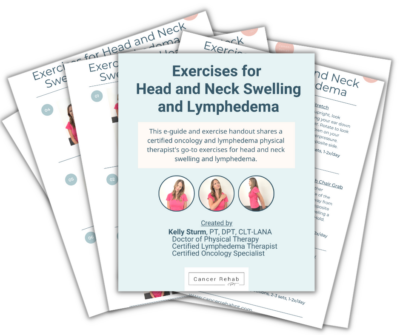 A booklet titled Exercises for Head and Neck Swelling and Lymphedema features photos of a woman performing these exercises. Created by Kelly Sturm, PT, DPT, CLT-LANA, it supports cancer rehab therapy.