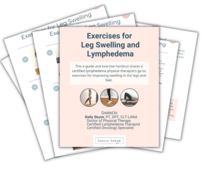 A stack of printed handouts titled Exercises for Leg Swelling and Lymphedema by Kelly Sturm, featuring exercise demonstrations and professional credentials, offers helpful guidance for those managing leg swelling.