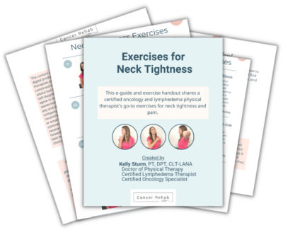A stack of papers titled Exercises for Neck Tightness features four images of a woman demonstrating neck stretches, along with expert guidance and author information from Kelly Sturm, a physical and oncology therapist.