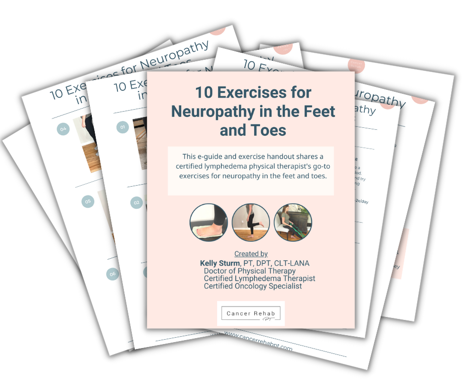 Exercises for Neuropathy in the Feet and Toes, crafted by certified lymphedema therapist and oncology specialist Kelly Sturm, features a stack of pages with images of hand exercises on the cover.