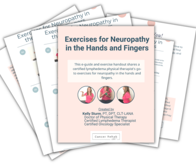 Exercises for Neuropathy in the Hands and Fingers, crafted by certified lymphedema therapist and oncology specialist Kelly Sturm, features a stack of pages with images of hand exercises on the cover.