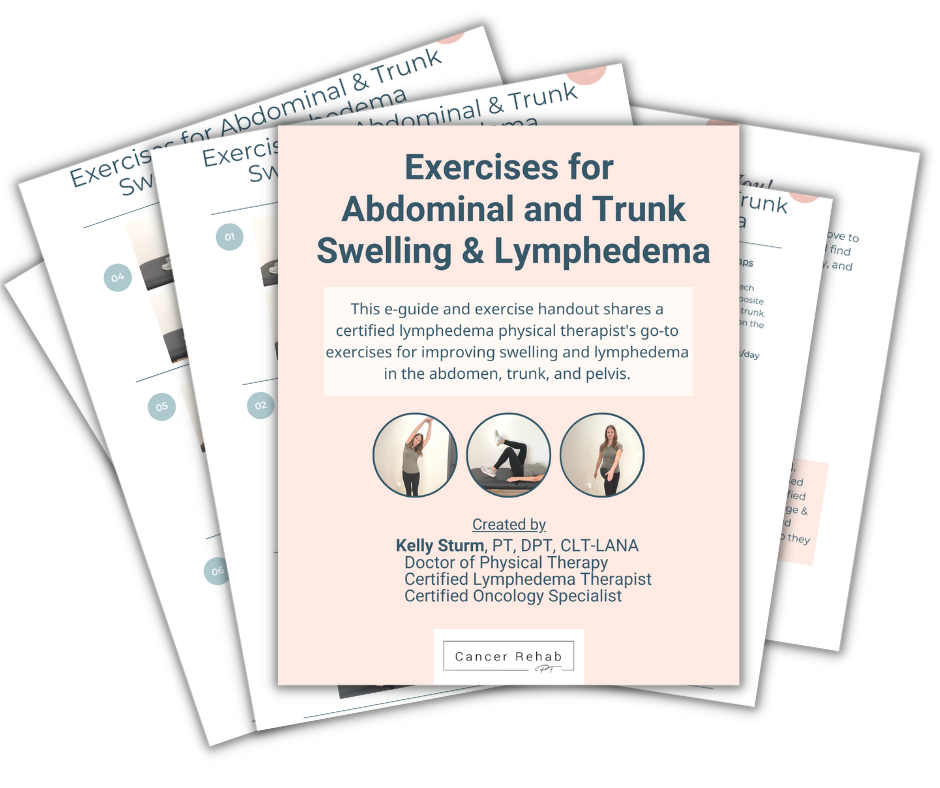 A stack of handouts titled Exercises for Abdominal and Trunk Swelling and Lymphedema by Kelly Sturm, featuring exercise photos and rehab tips for managing abdominal, trunk, and pelvic swelling.