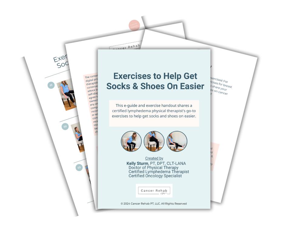 Three overlapping sheets feature images and text. The central sheet, titled Seated Exercises to Help Get Socks On Easier, offers a brief description and photos of a person demonstrating the exercises. Authored by Kelly Sturm, PT, DPT, CLT-LANA.