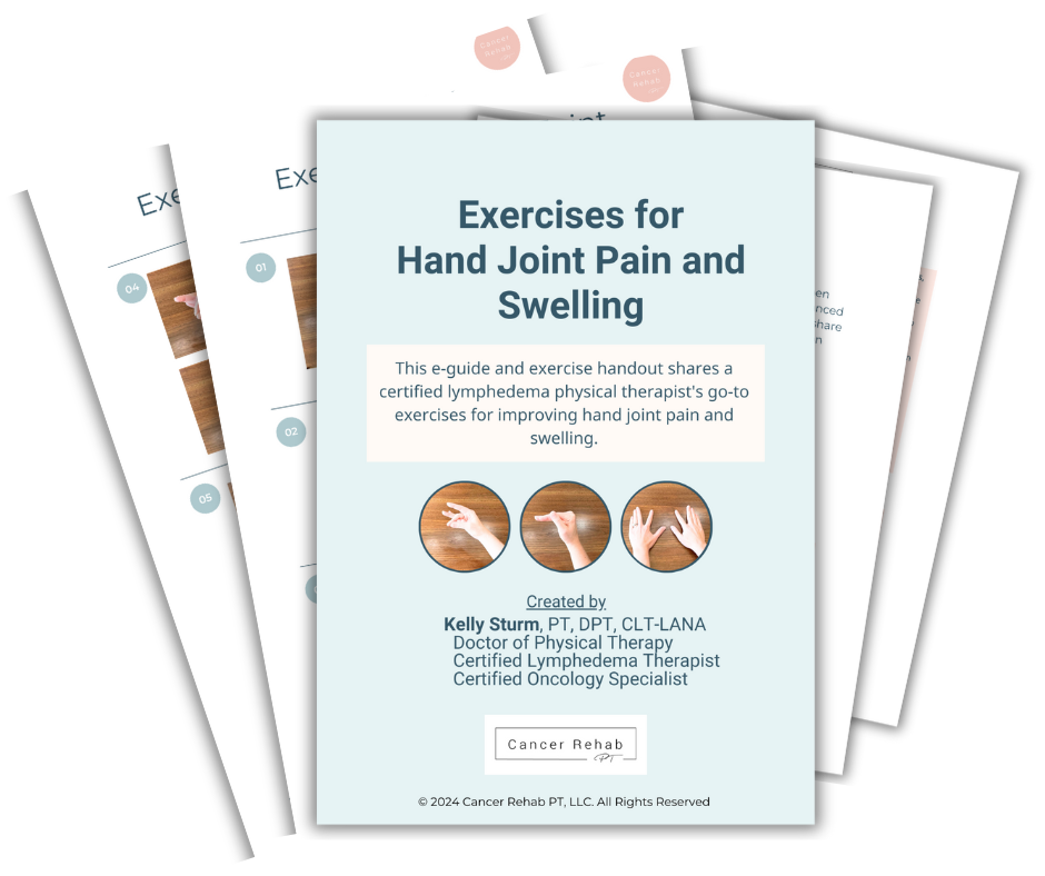 Image of a digital booklet titled Hand Joint Pain and Swelling Exercises by Kelly Sturm, PT, DPT, CLT-LANA. It highlights therapeutic hand exercise illustrations.