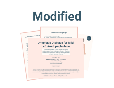 A digital handout titled Modified Lymphatic Drainage Diagram for Mild Lymphedema in the Left Arm provides tips and guidance for lymphatic drainage, displayed over two partially visible documents.