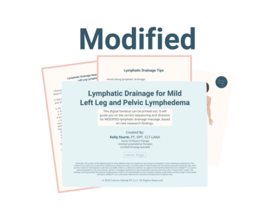 A digital handout titled Modified Lymphatic Drainage Diagram for Mild Lymphedema in the Left Leg provides tips and guidance for lymphatic drainage, displayed over two partially visible documents.