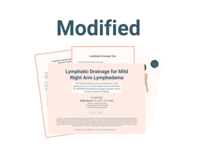 A digital handout titled Modified Lymphatic Drainage Diagram for Mild Lymphedema in the Right Arm provides tips and guidance for lymphatic drainage, displayed over two partially visible documents.