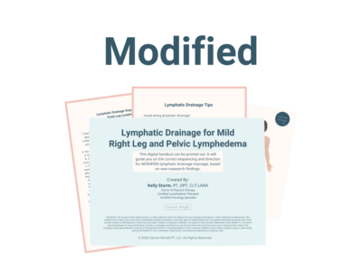 A digital handout titled Modified Lymphatic Drainage Diagram for Mild Lymphedema in the Right Leg provides tips and guidance for lymphatic drainage, displayed over two partially visible documents.