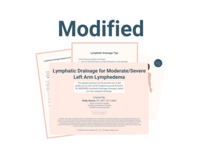 A digital guide titled Modified Lymphatic Drainage Diagram for Moderate to Severe Lymphedema in the Left Arm provides tips and guidance for lymphatic drainage, displayed over two partially visible documents.