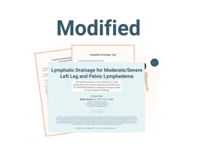 A digital handout titled Modified Lymphatic Drainage Diagram for Moderate to Severe Lymphedema in the Left Leg provides tips and guidance for lymphatic drainage, displayed over two partially visible documents.