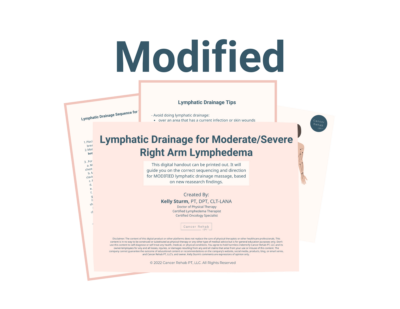 A digital handout titled Modified Lymphatic Drainage Diagram for Moderate to Severe Lymphedema in the Right Arm provides tips and guidance for lymphatic drainage, displayed over two partially visible documents.