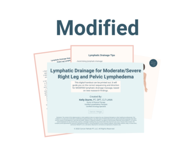 A digital handout titled Modified Lymphatic Drainage Diagram for Moderate to Severe Lymphedema in the Right Leg provides tips and guidance for lymphatic drainage, displayed over two partially visible documents.