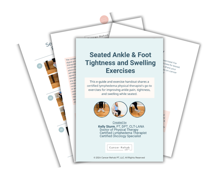 A stack of papers with the top document titled Seated Exercises for Ankle Tightness and Swelling. It includes a guide by a certified lymphedema physical therapist featuring exercises for ankle and foot wellness while seated.