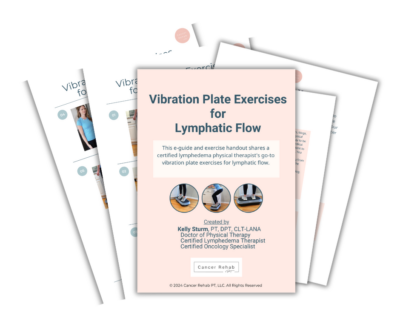 Image of a stack of documents titled Vibration Plate Exercises for Lymphatic Flow - Beginner by Kelly Sturtz. It features exercise positions, includes a Cancer Rehab label, and displays text and photos about lymphatic exercises and therapies for beginners.
