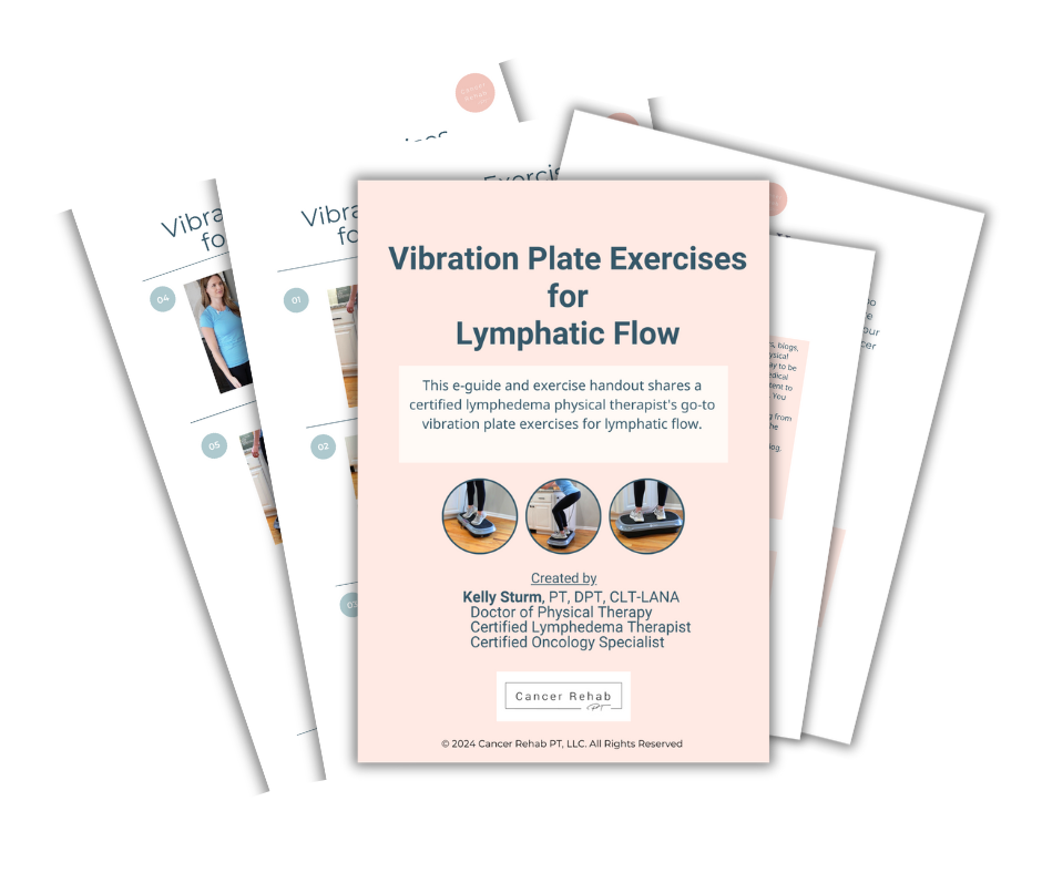 Image of a stack of documents titled Vibration Plate Exercises for Lymphatic Flow - Beginner by Kelly Sturtz. It features exercise positions, includes a Cancer Rehab label, and displays text and photos about lymphatic exercises and therapies for beginners.