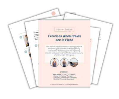 Three overlapping guide sheets titled Breast Cancer Exercises With Drains In by Kelly Sturm. The cover features workout illustrations for post-cancer surgery recovery.