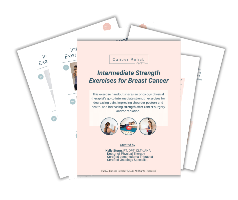 A stack of exercise handouts, titled Intermediate Strength Exercises for Breast Cancer Recovery, created by professionals, offers guides to decrease pain, improve posture, and enhance strength post-surgery or radiation.