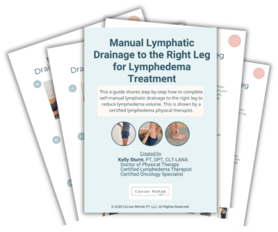 Cover of an e-guide titled Manual Lymphatic Drainage to the Right Leg for Lymphedema Treatment. It features step-by-step instructions with photos, authored by Kelly Sturm, a certified lymphedema therapist from Cancer Rehab PT, LLC. Perfect for mastering right leg lymphatic drainage techniques efficiently.