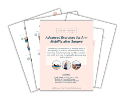 A stack of papers with the front page titled Advanced Stretches for Breast Cancer Recovery, authored by Kelly Sturm, showcases illustrations. The background reveals partially visible pages featuring detailed diagrams for enhanced arm mobility post-surgery.
