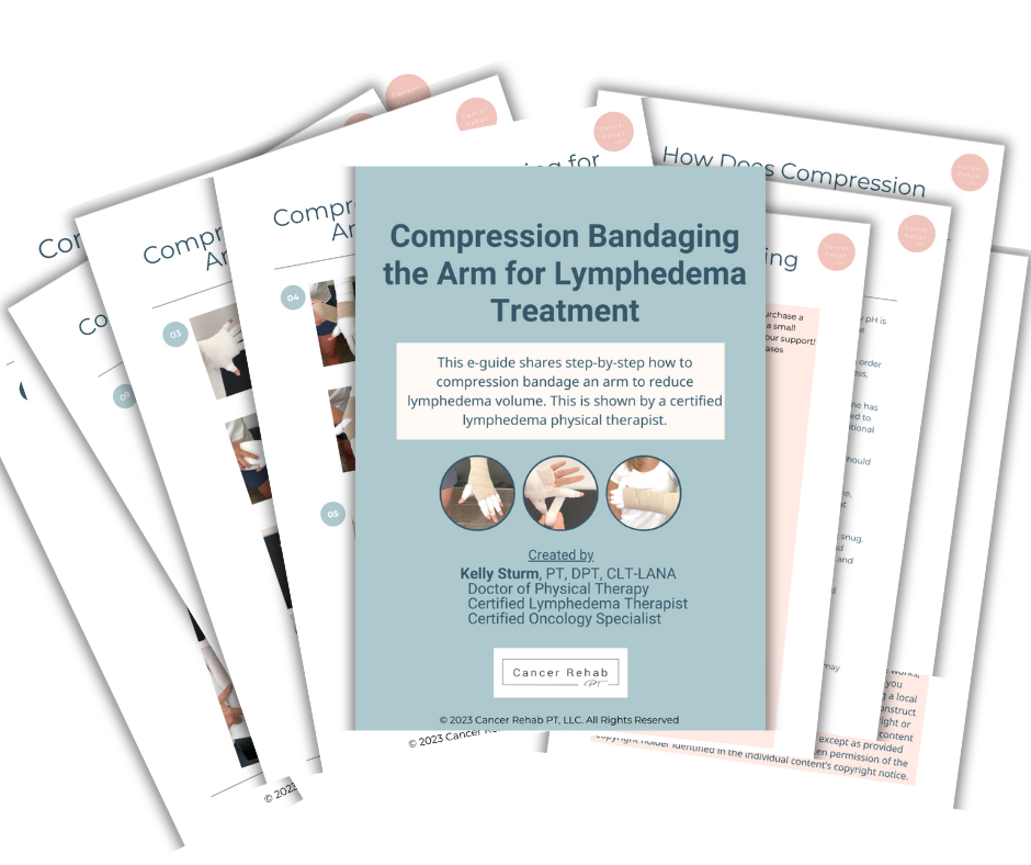 Discover Arm Lymphedema Compression Bandaging Guide by Kelly Sturr, featuring detailed instructional sheets. The cover showcases hands skillfully demonstrating essential bandaging techniques for effective lymphedema treatment.